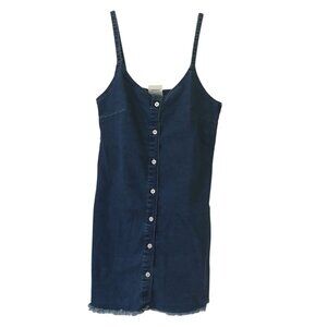 Denim Button Front Mini Dress Small Speghetti Strap Freyed Hem #I-1